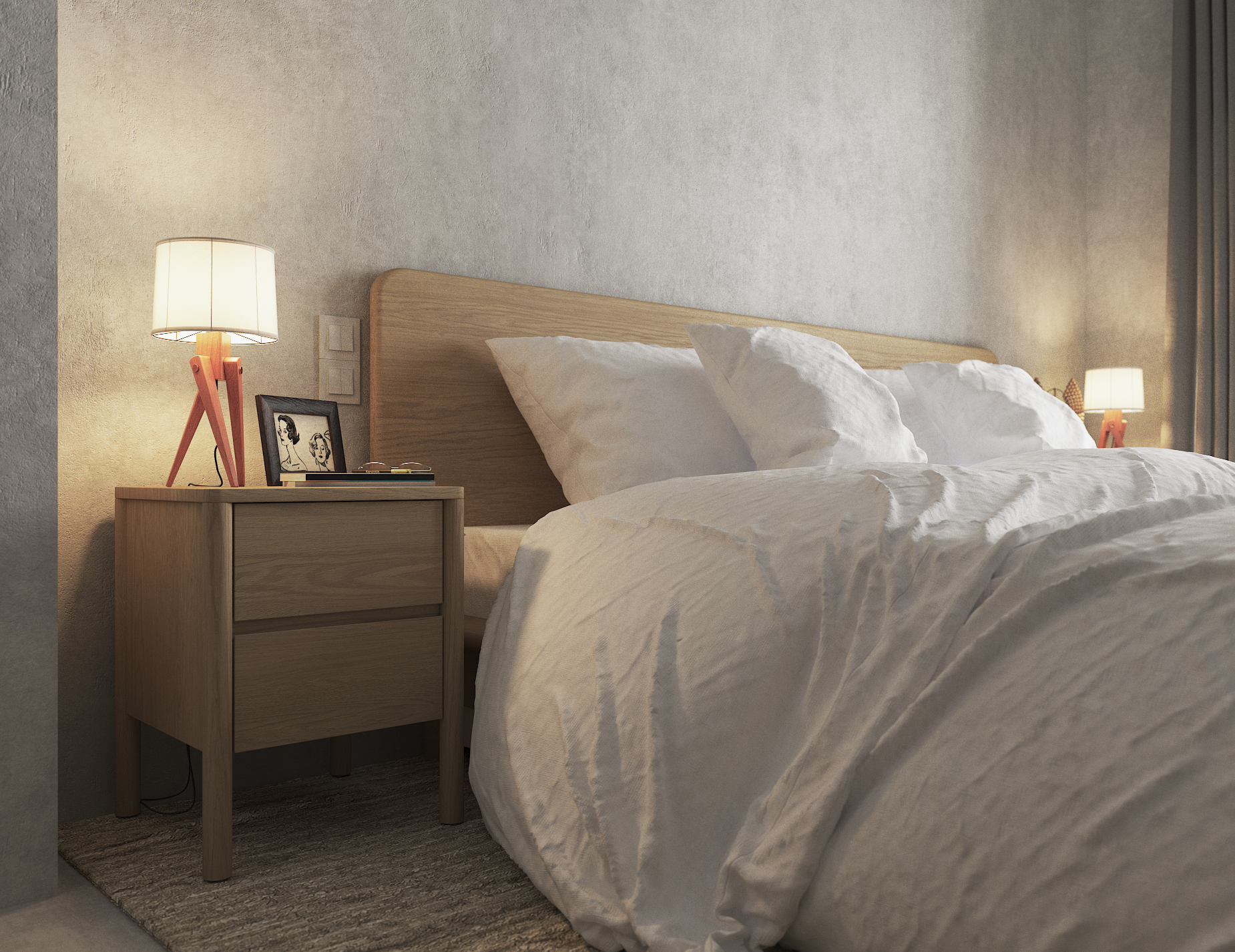 Natural wood bedside table with 2 drawers next to a natural wooden bed.  The table has a lamp and picture frame displayed on it.