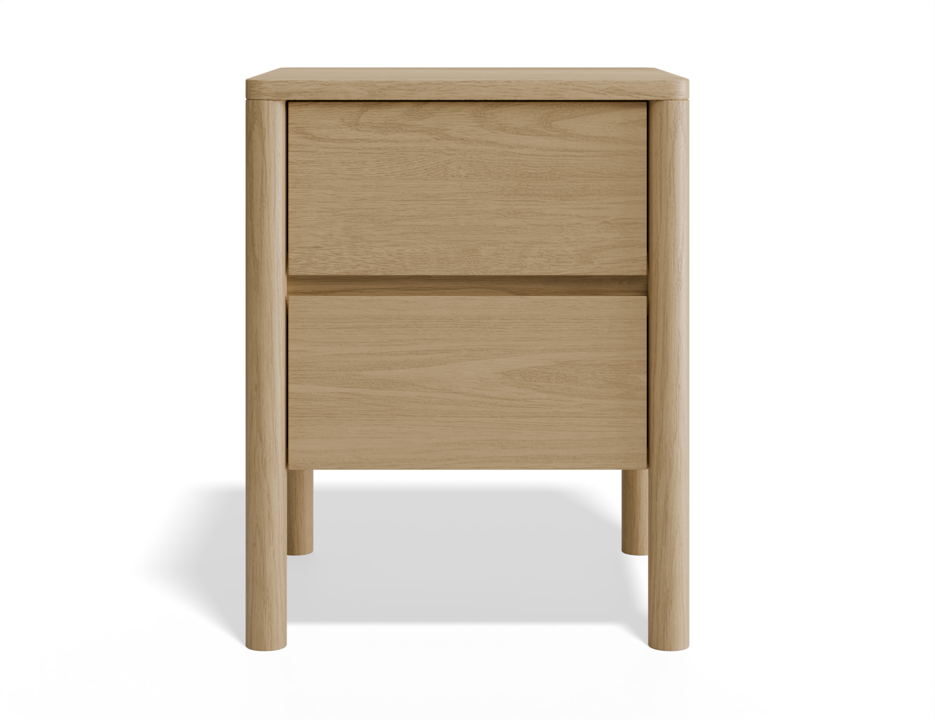 Front view of natural wood bedside table with 2 drawers and rounded legs.