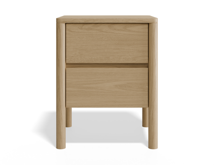 Front view of natural wood bedside table with 2 drawers and rounded legs.