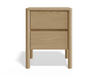 Front view of natural wood bedside table with 2 drawers and rounded legs.