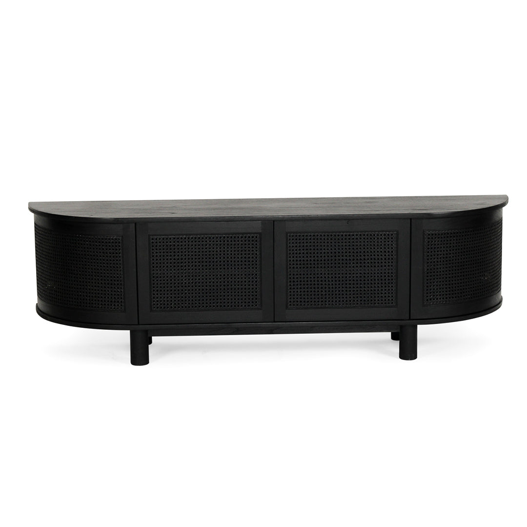 Overhead front view of Iluka Four Door Entertainment Unit – Black in solid black timber with curved rattan doors, modern coastal design