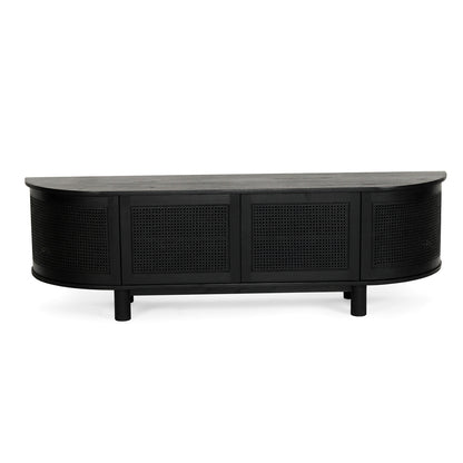 Overhead front view of Iluka Four Door Entertainment Unit – Black in solid black timber with curved rattan doors, modern coastal design
