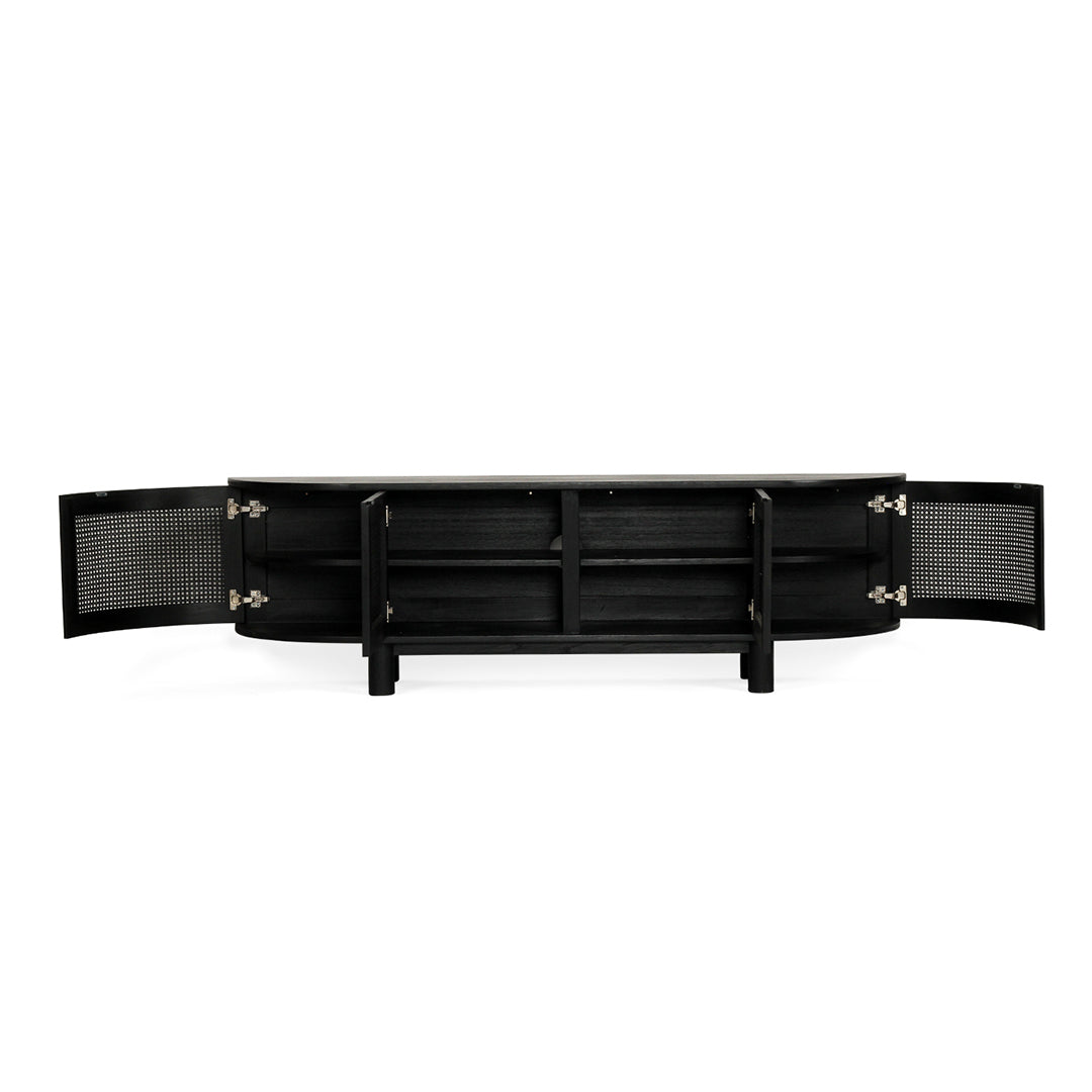Open front view of Iluka Four Door Entertainment Unit – Black showing spacious interior shelving and rattan panel doors