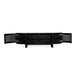 Open front view of Iluka Four Door Entertainment Unit – Black showing spacious interior shelving and rattan panel doors