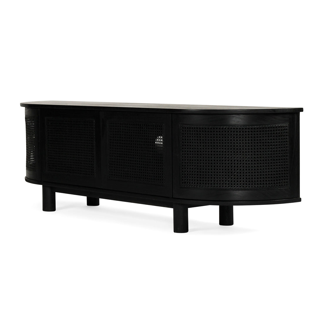 Angled side view of Iluka Four Door Entertainment Unit – Black featuring rounded edges, timber top and woven rattan doors