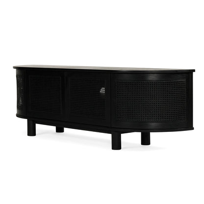 Angled side view of Iluka Four Door Entertainment Unit – Black featuring rounded edges, timber top and woven rattan doors