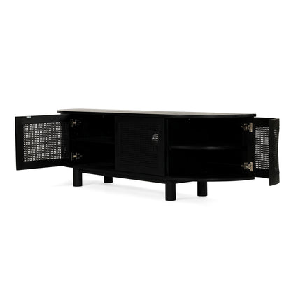 Angled open view of Iluka Four Door Entertainment Unit – Black with rattan doors wide open revealing storage shelves