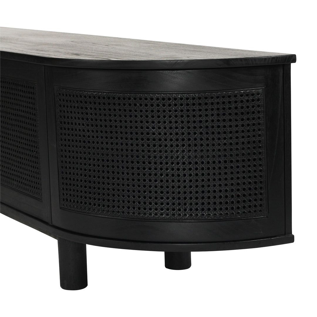 Close-up detail of Iluka Four Door Entertainment Unit – Black showing curved black rattan door panels and timber legs
