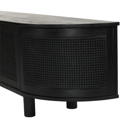 Close-up detail of Iluka Four Door Entertainment Unit – Black showing curved black rattan door panels and timber legs