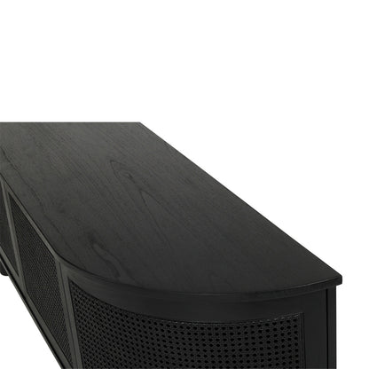 Overhead close-up of Iluka Four Door Entertainment Unit – Black highlighting smooth black timber top and curved frame