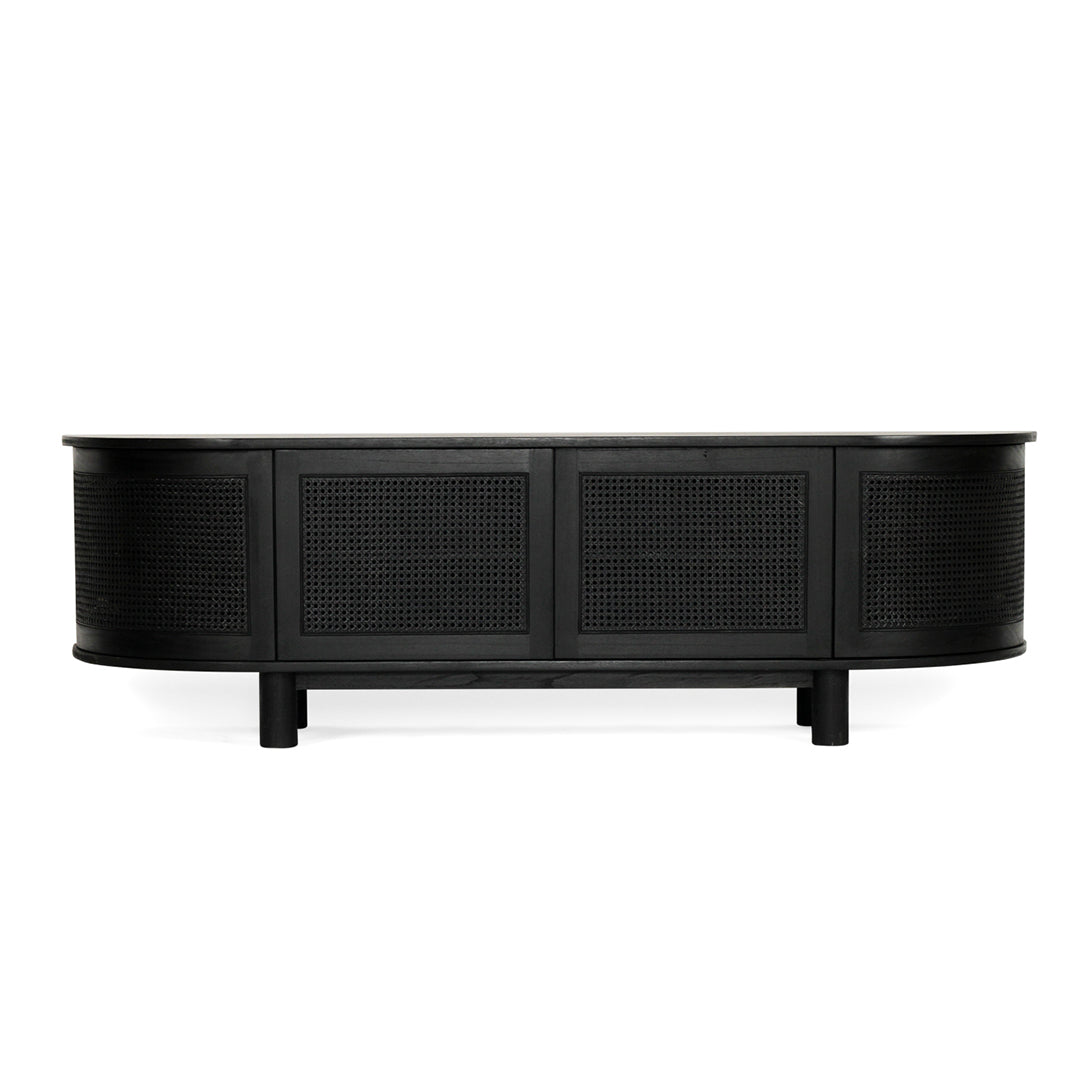 Front view of Iluka Four Door Entertainment Unit – Black in solid black timber with curved rattan doors, modern coastal design