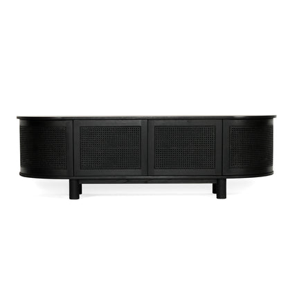 Front view of Iluka Four Door Entertainment Unit – Black in solid black timber with curved rattan doors, modern coastal design