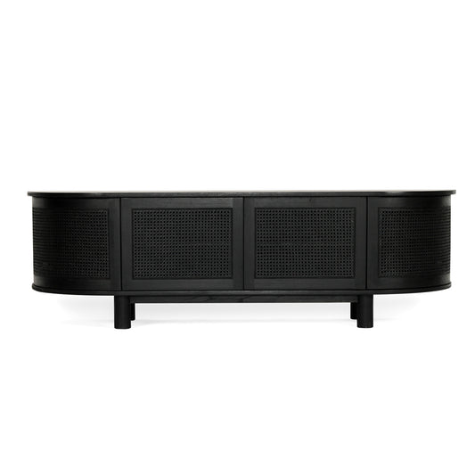 Front view of Iluka Four Door Entertainment Unit – Black in solid black timber with curved rattan doors, modern coastal design