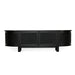 Front view of Iluka Four Door Entertainment Unit – Black in solid black timber with curved rattan doors, modern coastal design