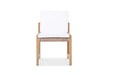 Front view of Esperance Outdoor Dining Chair featuring white cushions, rope seat, and clean teak frame.