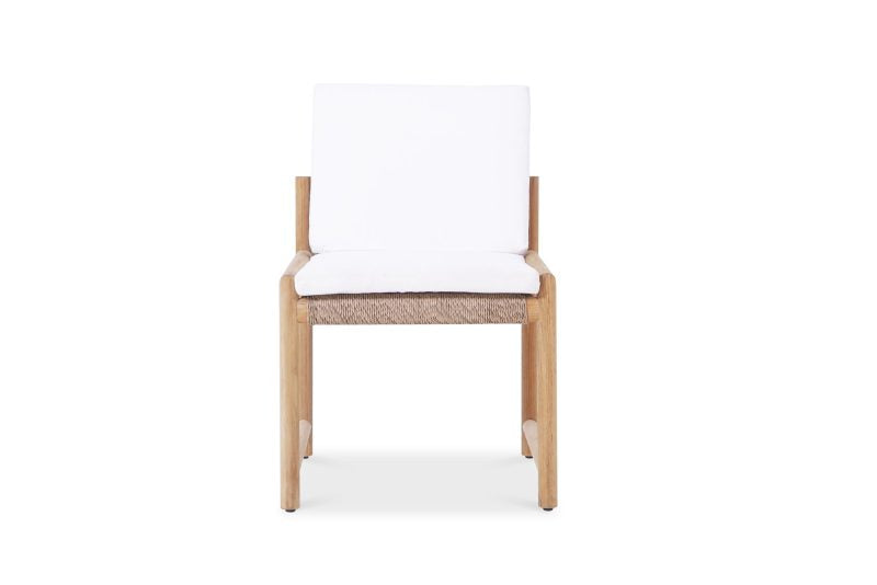 Front view of Esperance Outdoor Dining Chair featuring white cushions, rope seat, and clean teak frame.