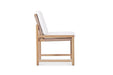 Side view of Esperance Outdoor Dining Chair with white cushion and hand-woven rope detailing on teak frame.