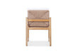 Rear view of Esperance Outdoor Dining Chair with teak frame and chevron-woven rope backrest, white cushion.