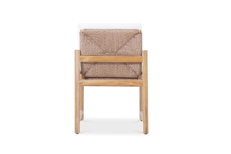 Rear view of Esperance Outdoor Dining Chair with teak frame and chevron-woven rope backrest, white cushion.
