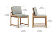 Esperance Outdoor Dining Chair shown with full product dimensions and grey cushions on teak frame.