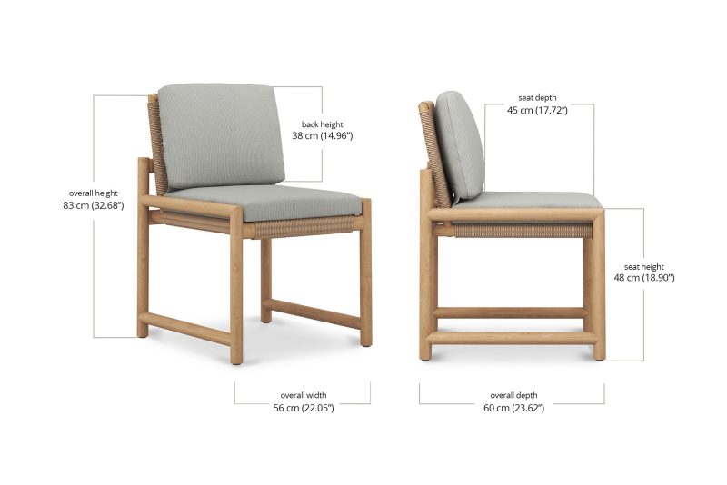 Esperance Outdoor Dining Chair shown with full product dimensions and grey cushions on teak frame.