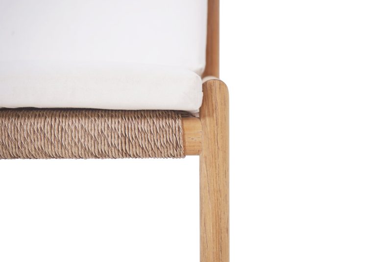 Close-up of Esperance Outdoor Dining Chair showing woven rope seat detail with teak frame and white cushion.