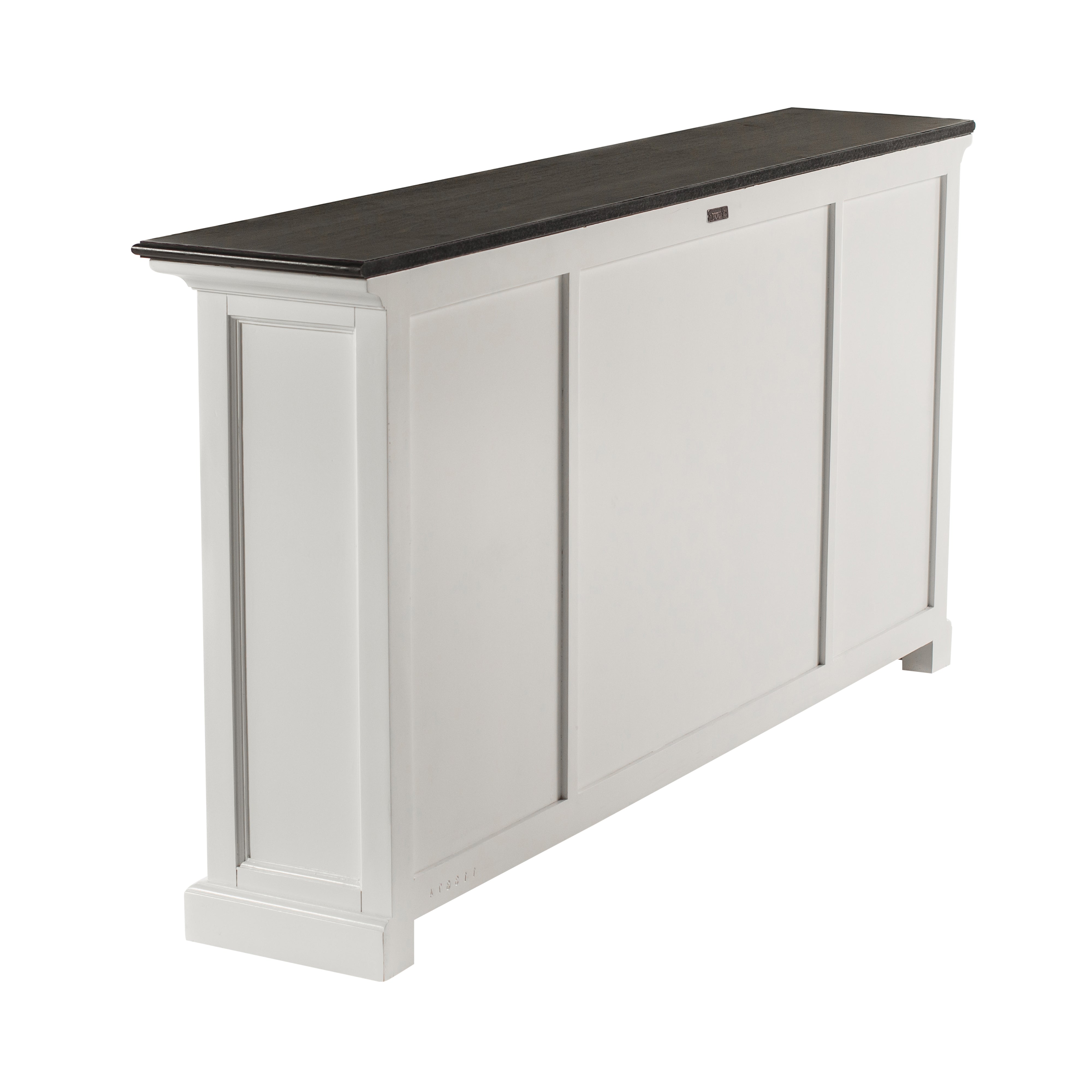Rear angled view of the Halifax Contrast Buffet Console Table showing the dark timber top and white panelled back.