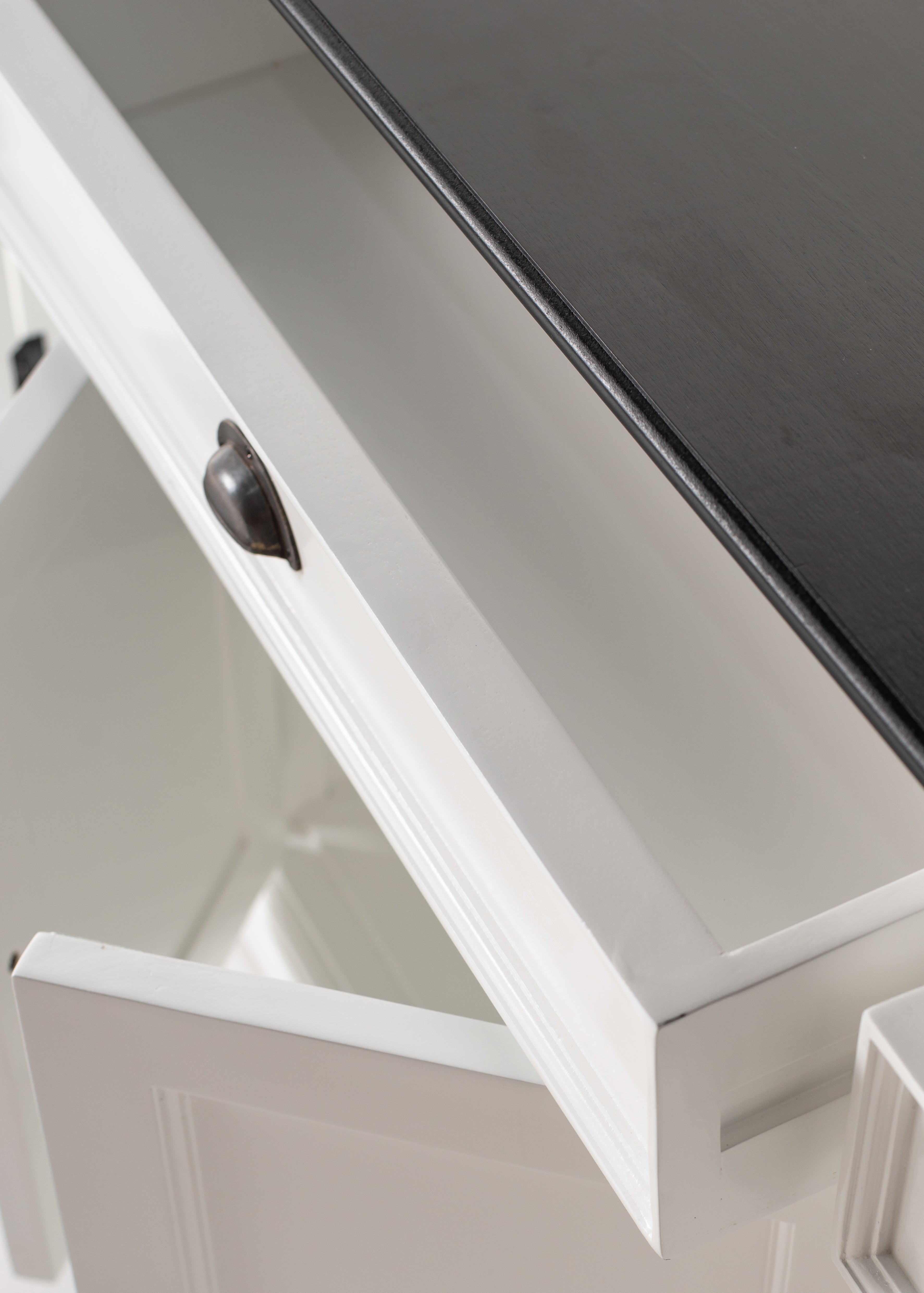 Close-up of the Halifax Contrast Buffet Console Table showing an open drawer, white painted frame and dark timber top.