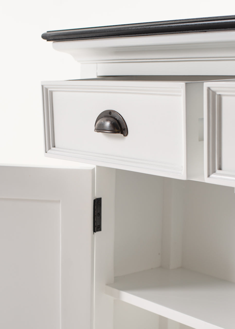 Close-up of the Halifax Contrast Buffet Console Table drawer with a black cup pull handle and open cupboard below.
