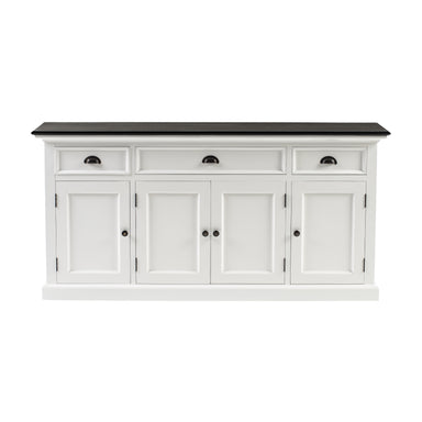 Front view of the Halifax Contrast Buffet Console Table with three drawers, four cupboard doors and a dark timber top.