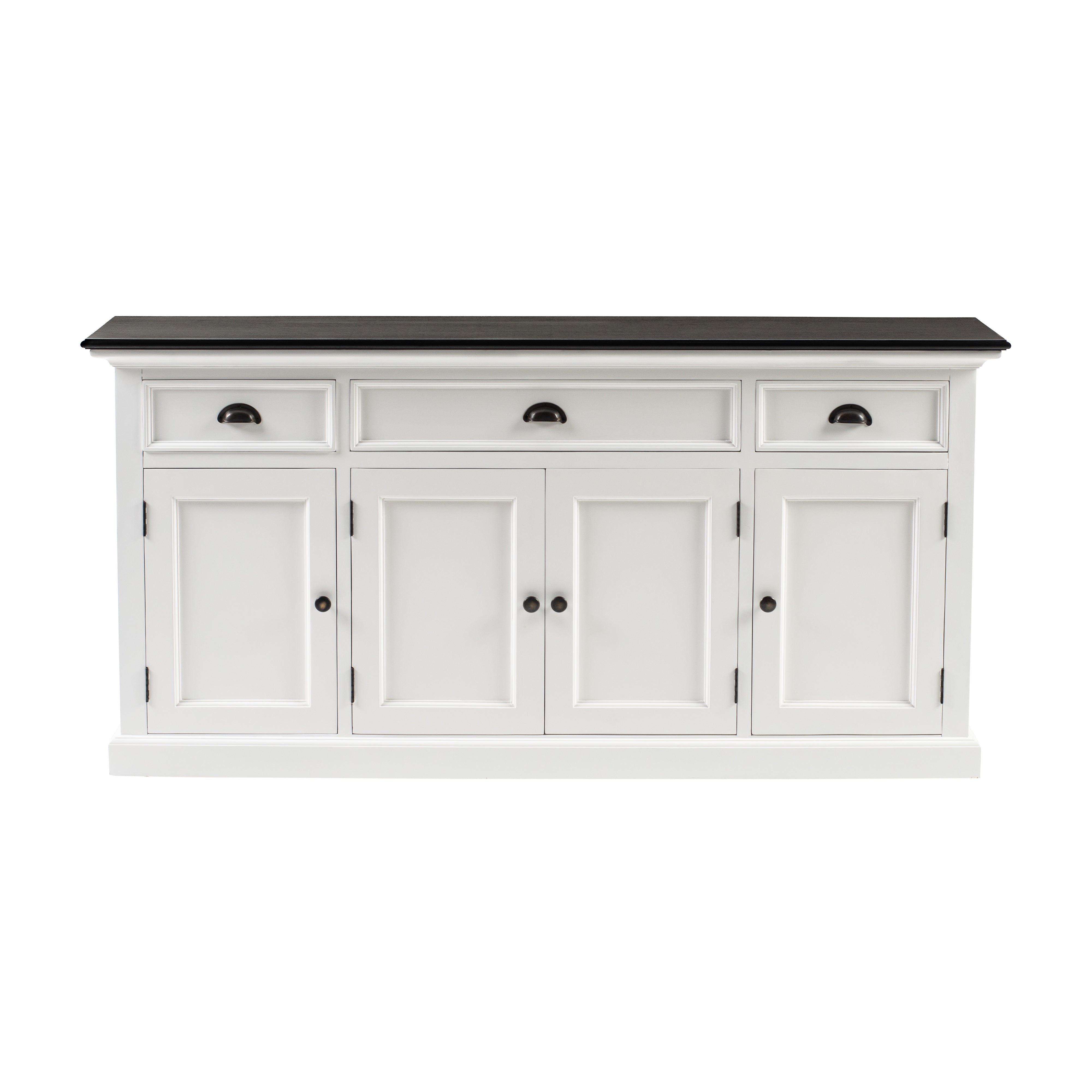 Front view of the Halifax Contrast Buffet Console Table with three drawers, four cupboard doors and a dark timber top.