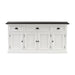 Front view of the Halifax Contrast Buffet Console Table with three drawers, four cupboard doors and a dark timber top.
