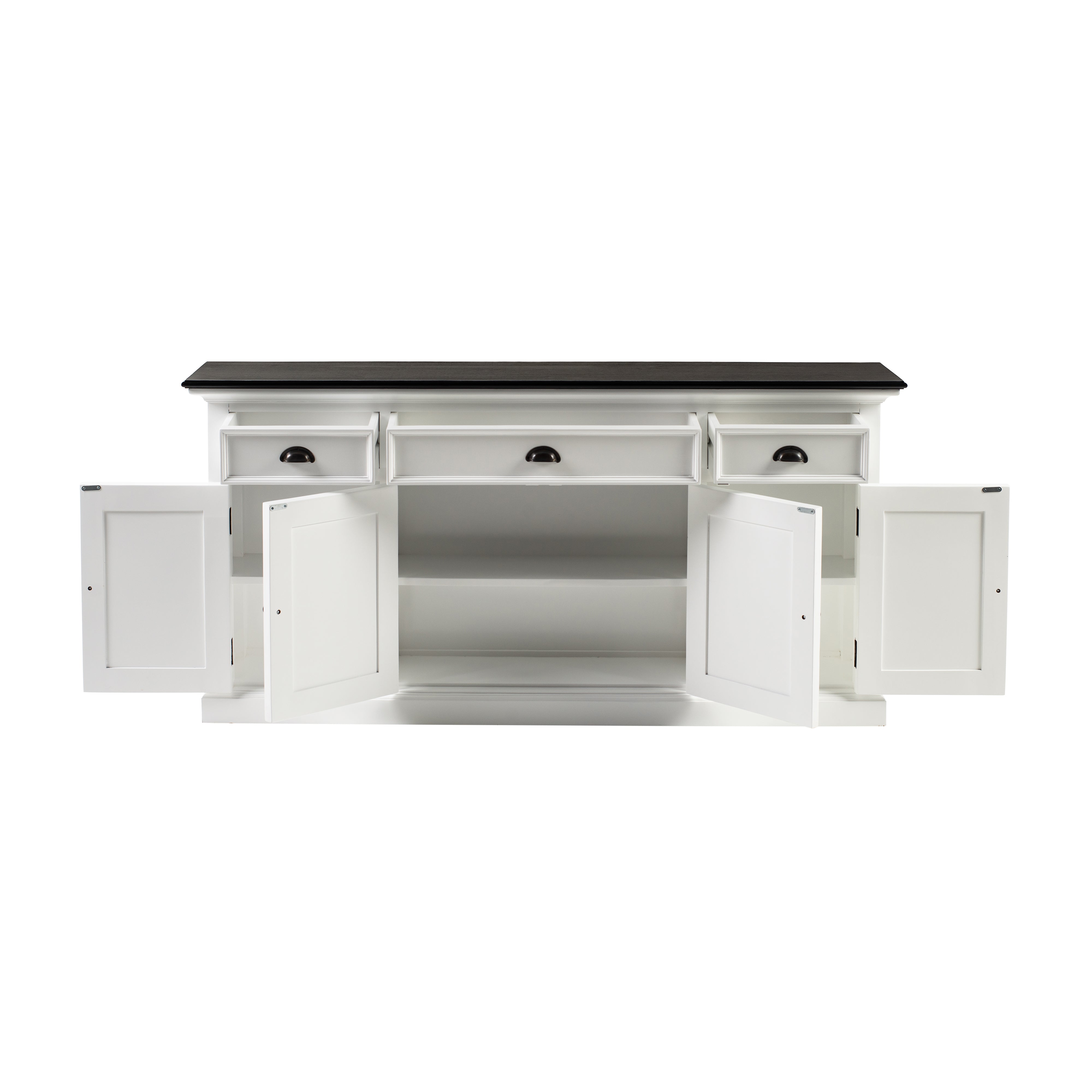 Front view of the Halifax Contrast Buffet Console Table with drawers and cupboard doors open, showing internal storage shelves.