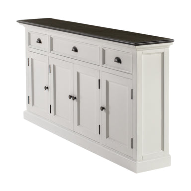 Angled view of the Halifax Contrast Buffet Console Table with drawers and cupboard doors open, showing generous internal storage.