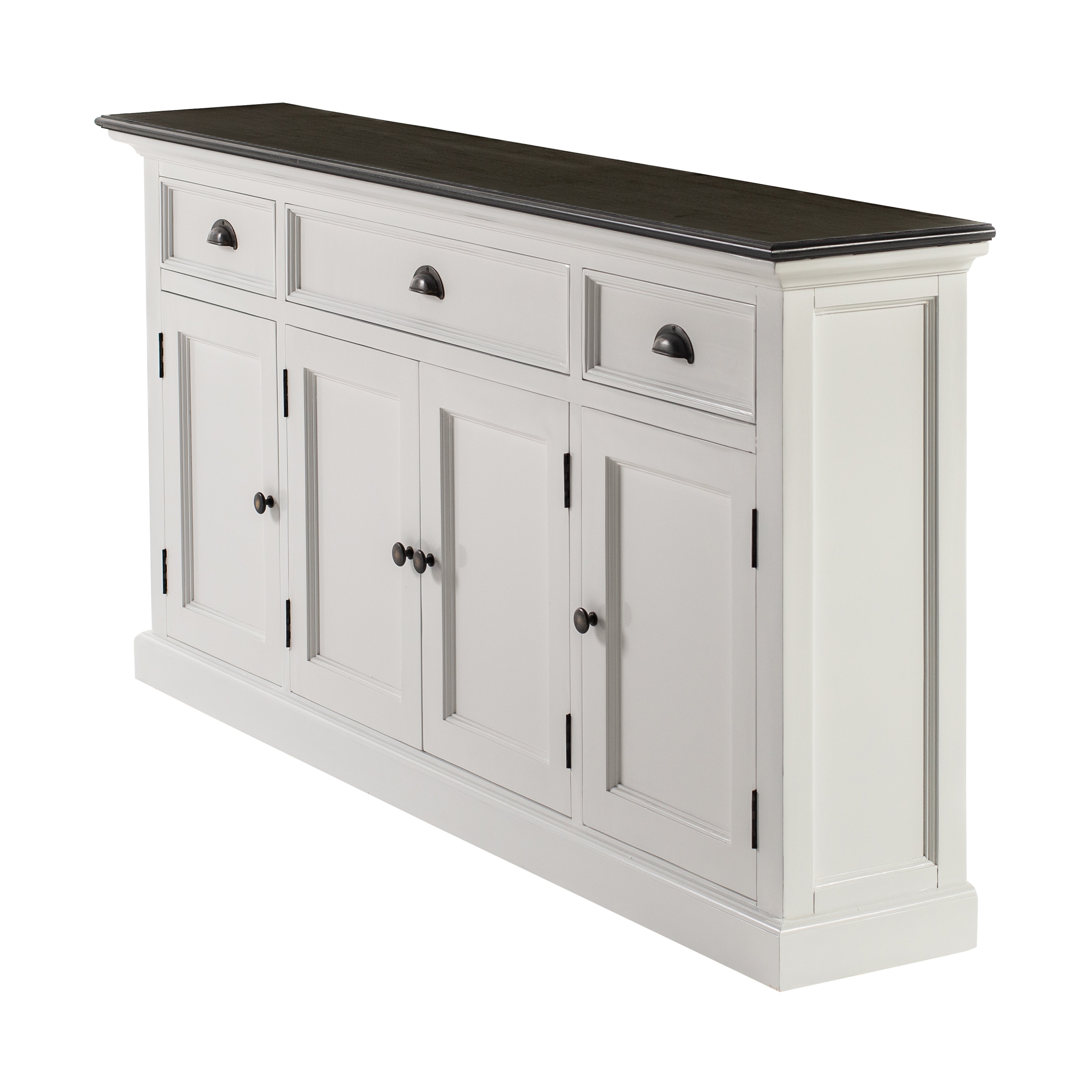 Angled view of the Halifax Contrast Buffet Console Table with drawers and cupboard doors open, showing generous internal storage.