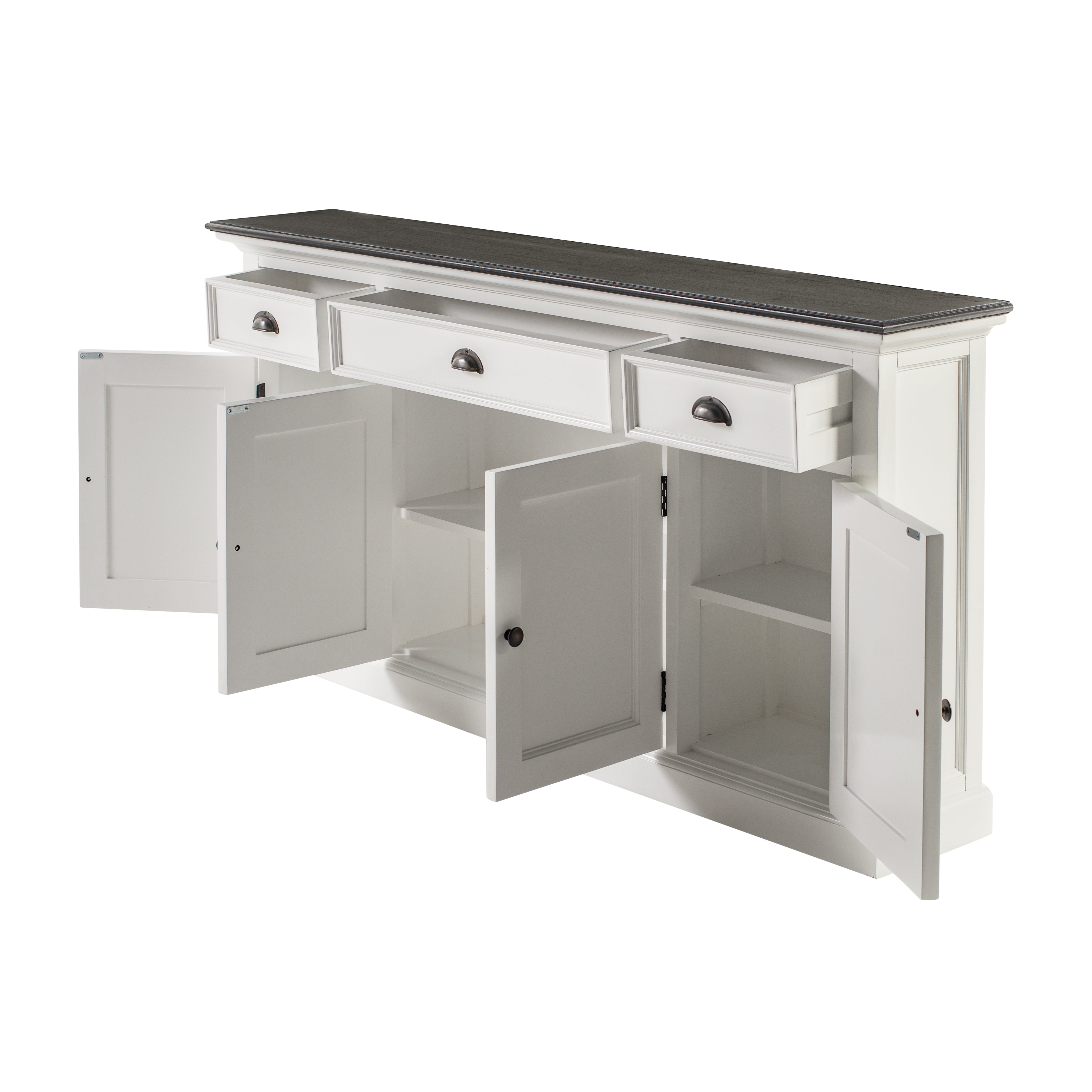 Angled product view of the Halifax Contrast Buffet Console Table showing three drawers, four cupboard doors and a contrasting dark timber top.