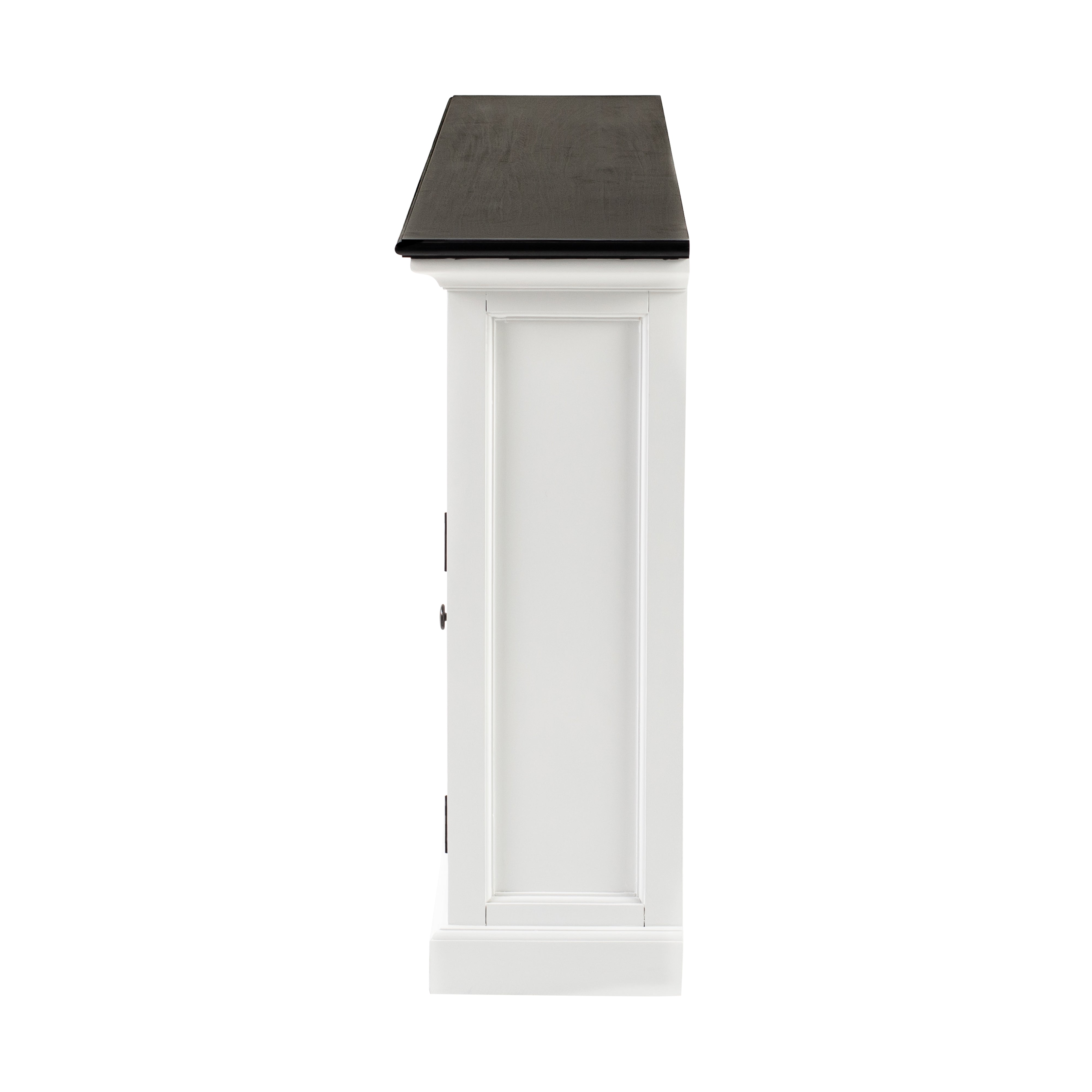 Side view of the Halifax Contrast Buffet Console Table showing the white panelled side and dark timber top.