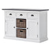 Angled front view of the Halifax Contrast Buffet with 2 Baskets, showing the white painted body, black timber top, three drawers, two cupboards and two woven baskets in the centre shelves.