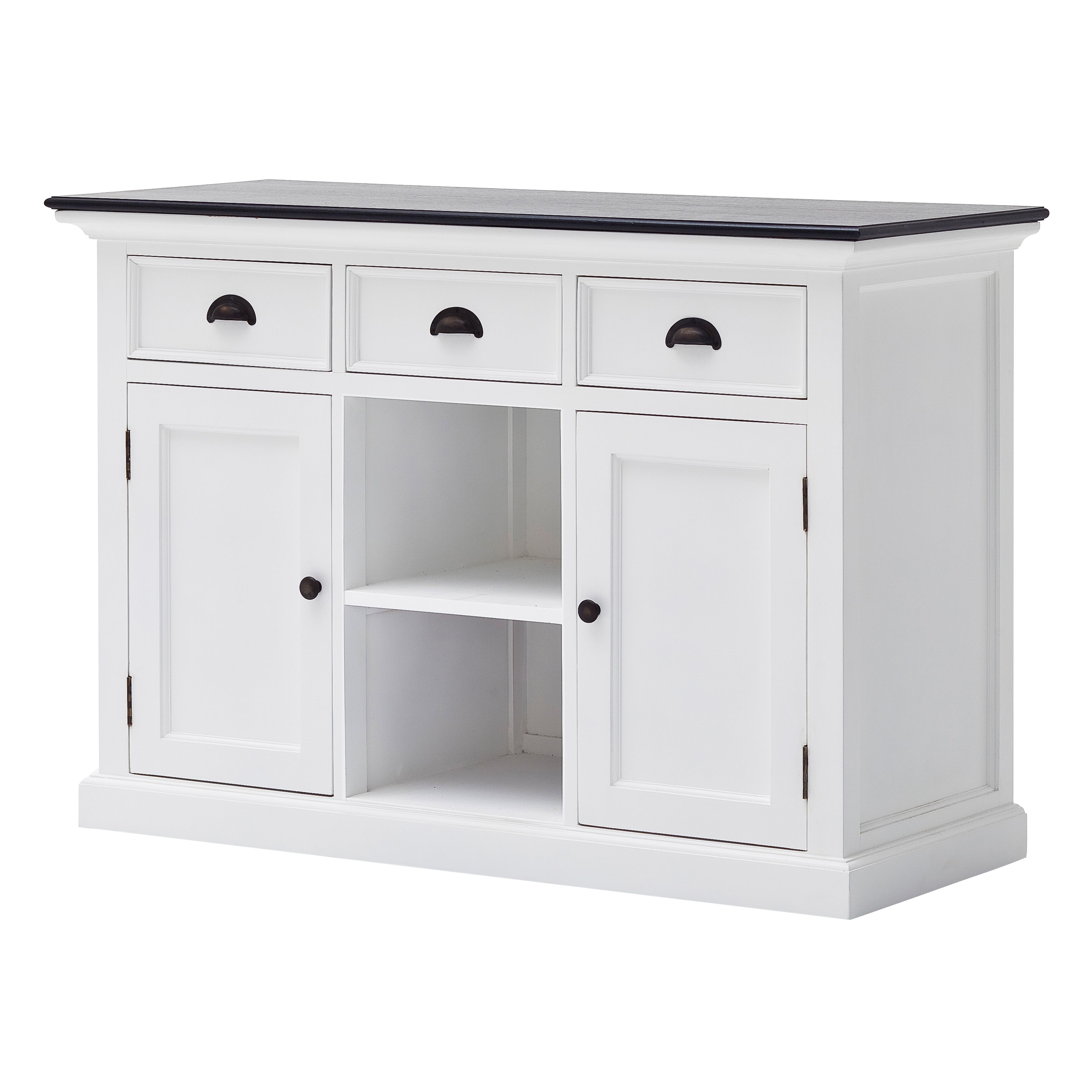 Angled front view of the Halifax Contrast Buffet with 2 Baskets, showing three drawers, two cupboards and open centre shelf storage.