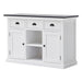 Angled front view of the Halifax Contrast Buffet with 2 Baskets, showing three drawers, two cupboards and open centre shelf storage.