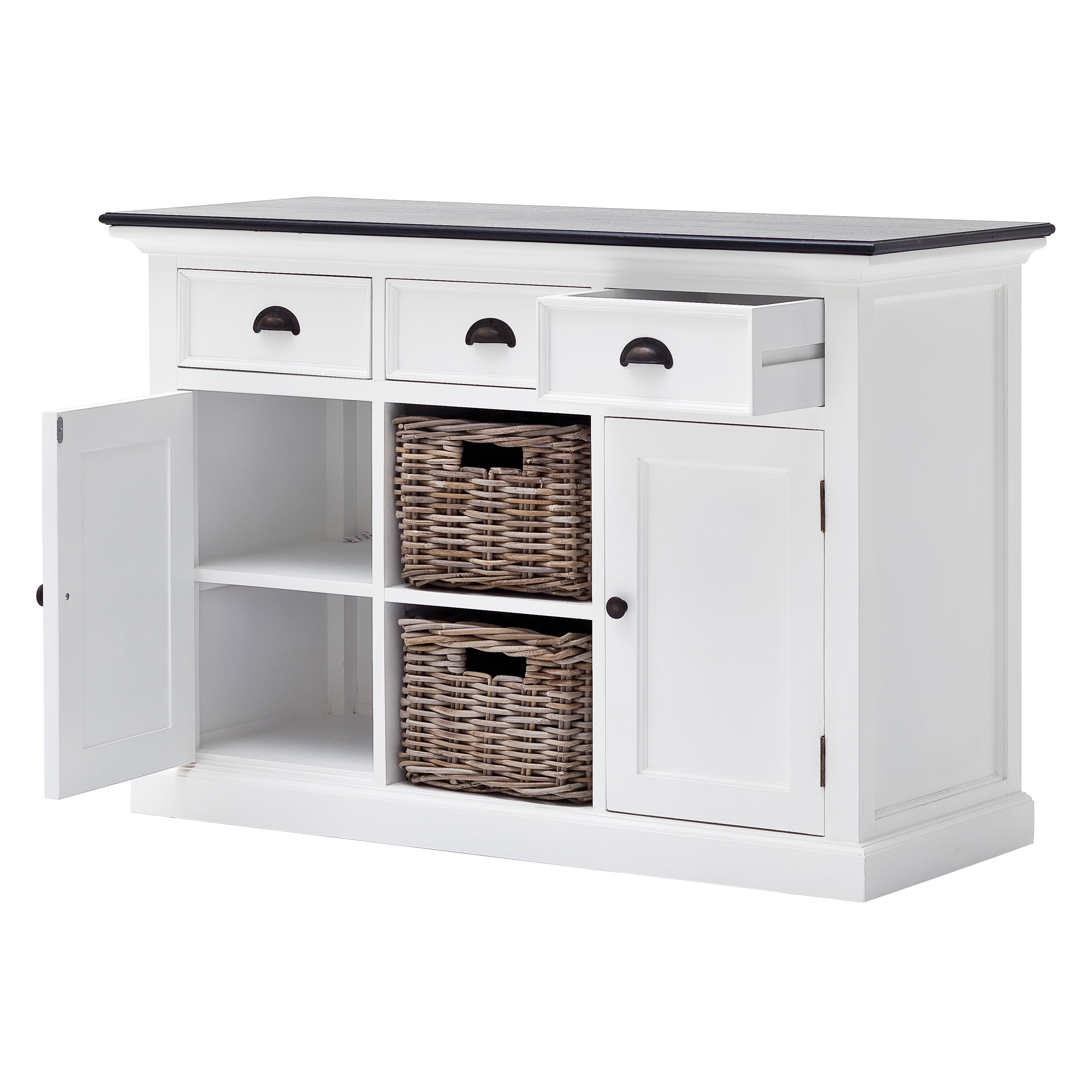 Angled view of the Halifax Contrast Buffet with 2 Baskets, showing one drawer open, one cupboard door open and the woven baskets in place.