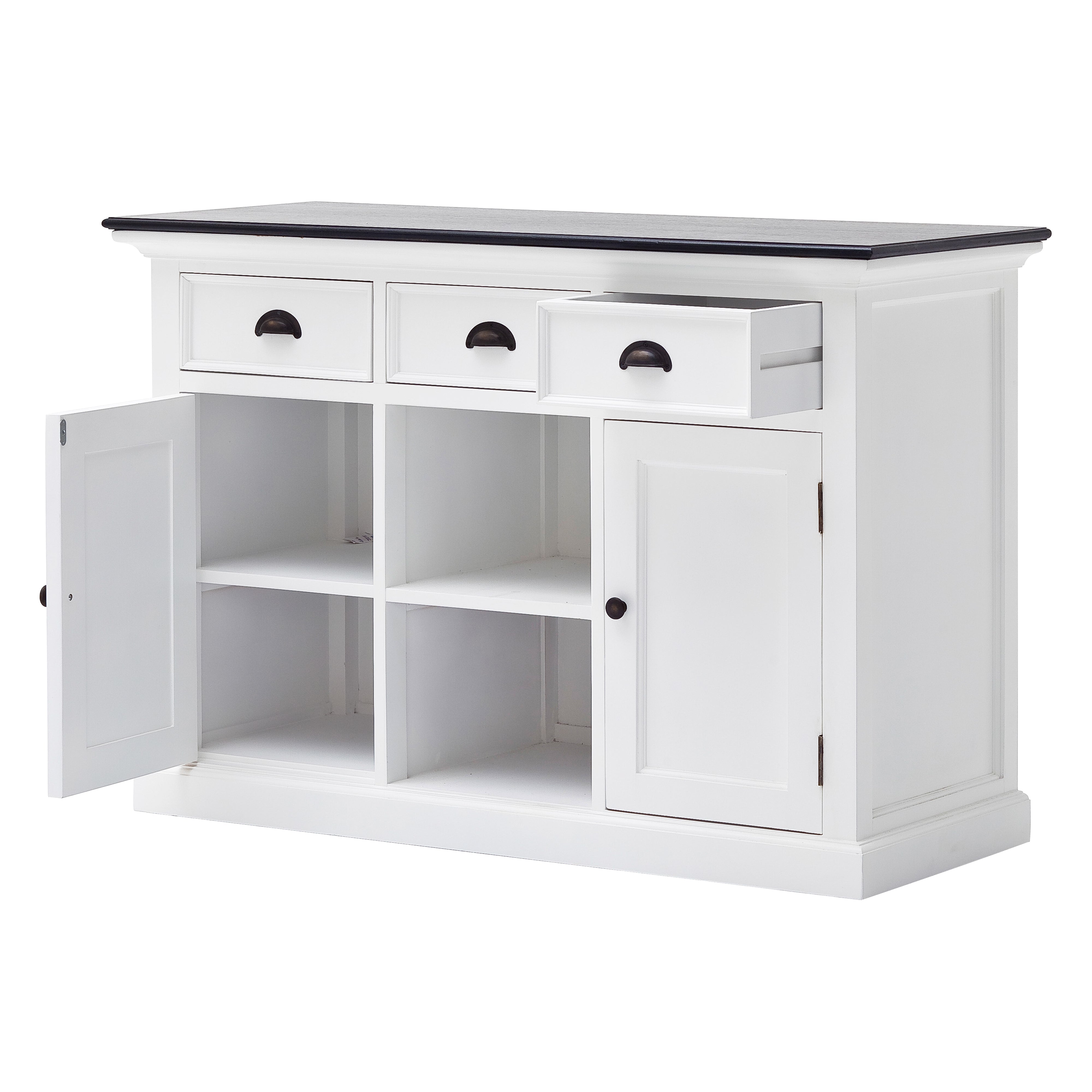 Angled view of the Halifax Contrast Buffet with 2 Baskets, showing one drawer open, one cupboard door open and internal shelf storage.