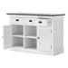 Angled view of the Halifax Contrast Buffet with 2 Baskets, showing one drawer open, one cupboard door open and internal shelf storage.