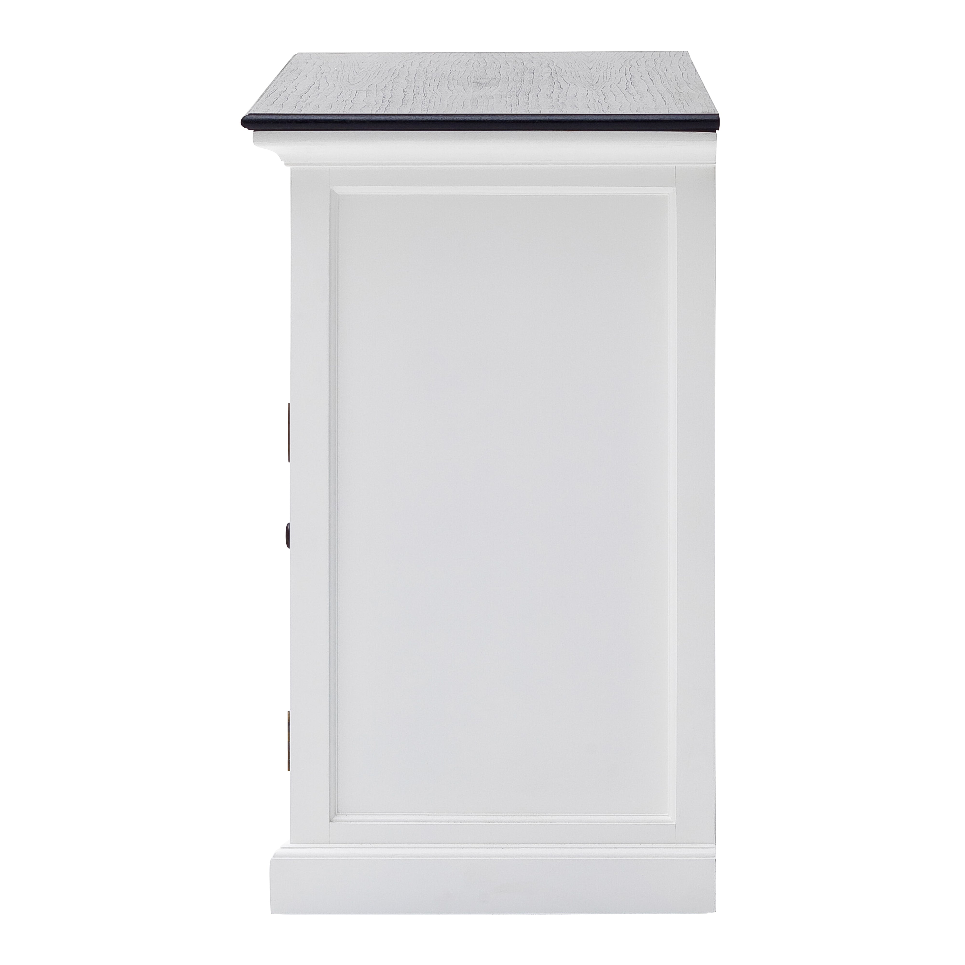 Side view of the Halifax Contrast Buffet with 2 Baskets, showing the white panelled side and black timber top.