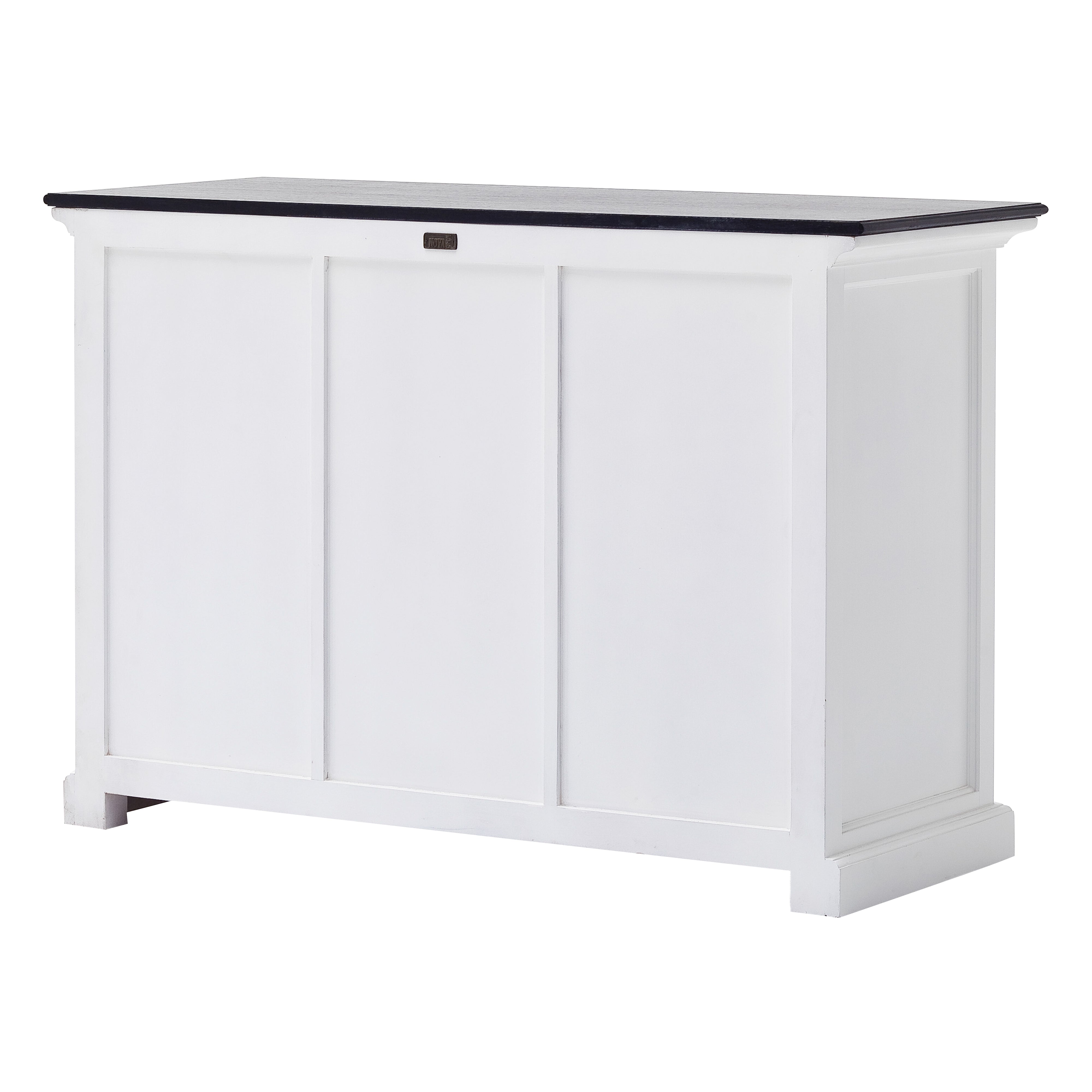 Rear angled view of the Halifax Contrast Buffet with 2 Baskets, showing the white panelled back and black timber top.