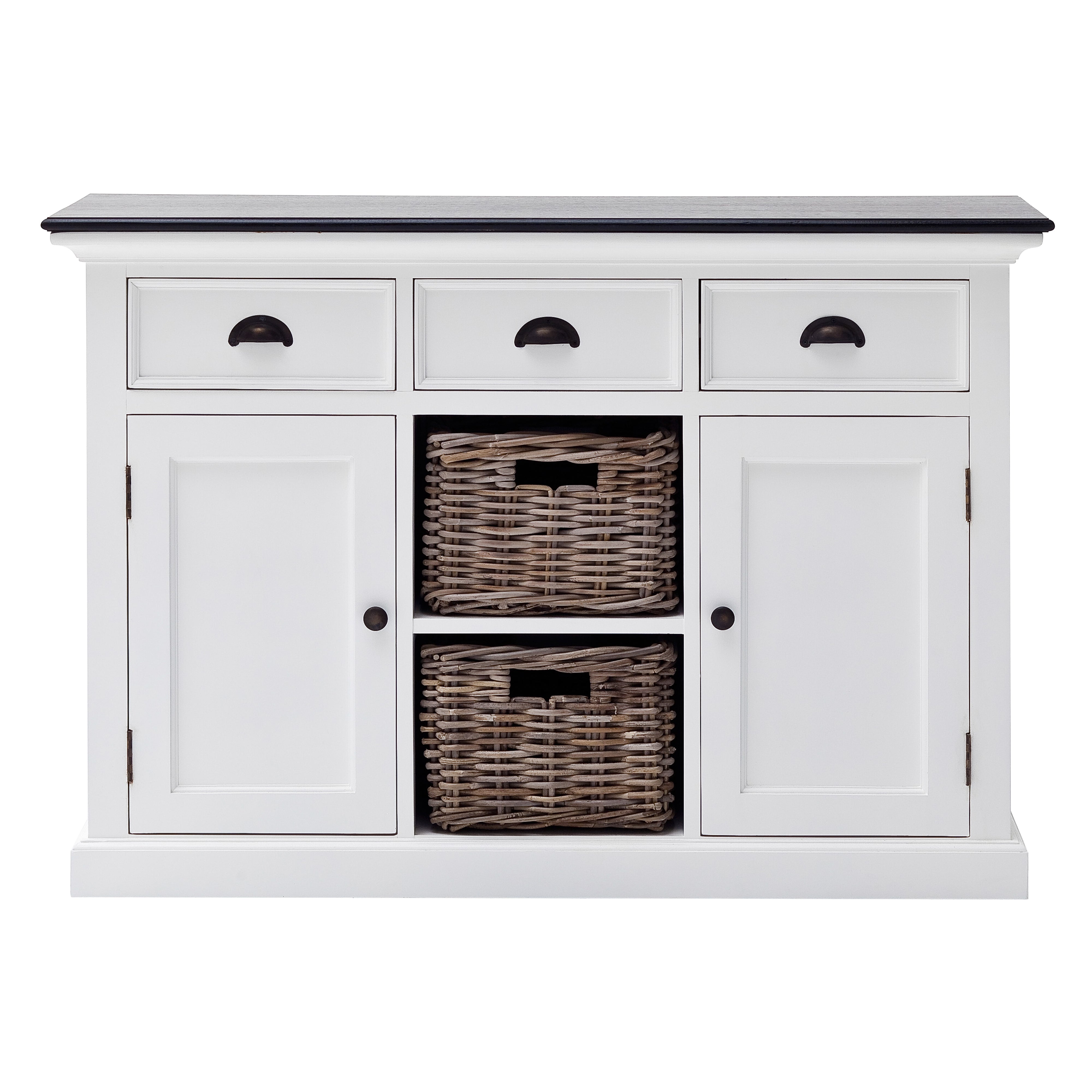 Front view of the Halifax Contrast Buffet with 2 Baskets, featuring three drawers, two cupboards and two woven baskets in the centre shelves.