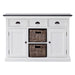 Front view of the Halifax Contrast Buffet with 2 Baskets, featuring three drawers, two cupboards and two woven baskets in the centre shelves.
