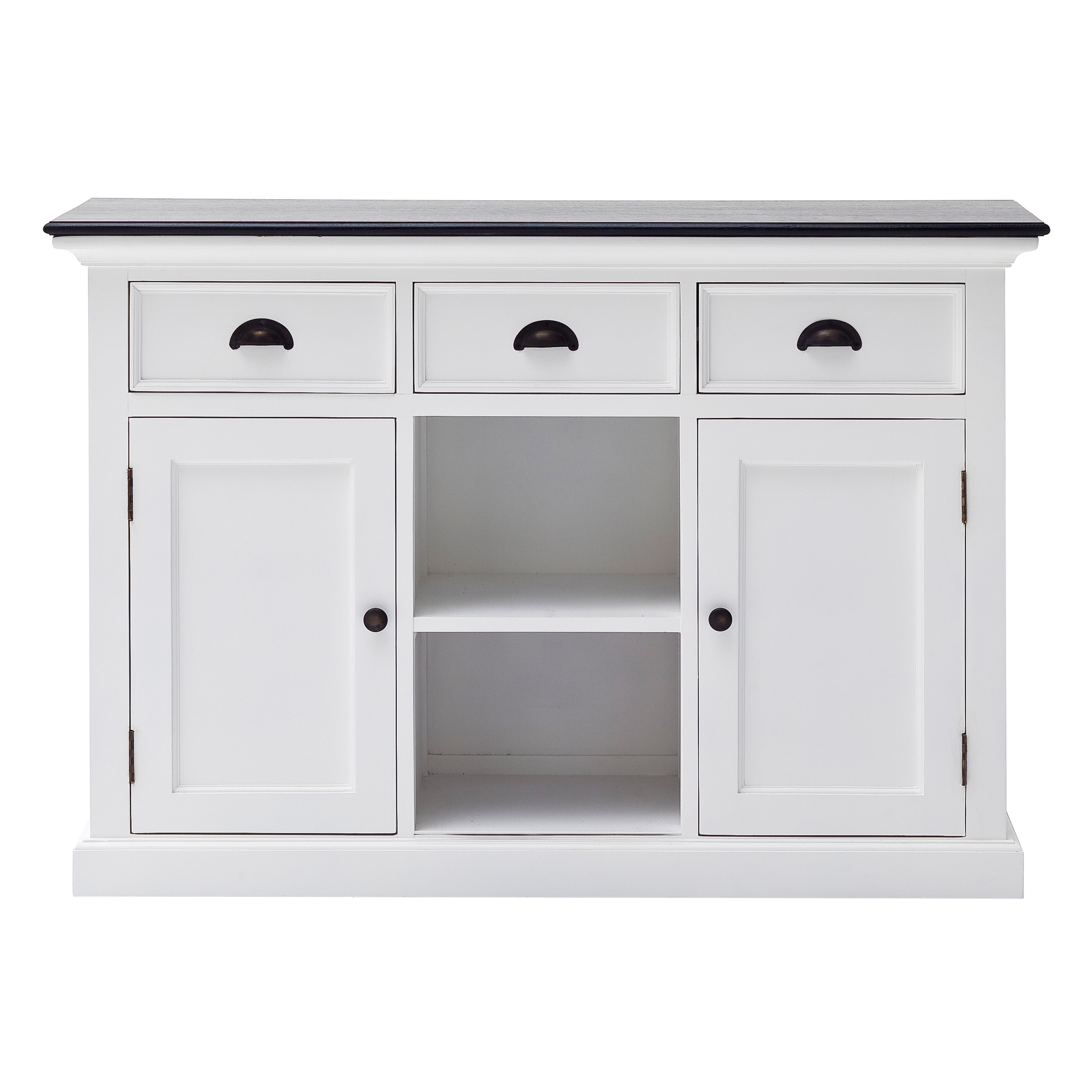 Front view of the Halifax Contrast Buffet with 2 Baskets, shown with both cupboard doors closed and two woven baskets in the centre.