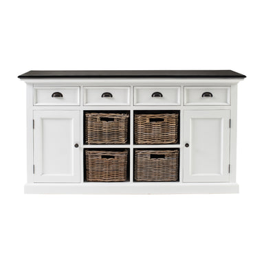 Front view of the Halifax Contrast Buffet with doors open, drawers open and rattan baskets displayed on top.