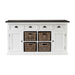 Front view of the Halifax Contrast Buffet with doors open, drawers open and rattan baskets displayed on top.